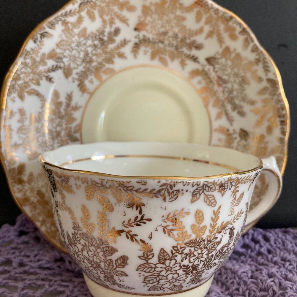 Colclough Genuine Bone China Made in England Gold Floral Tea Cup and Saucer